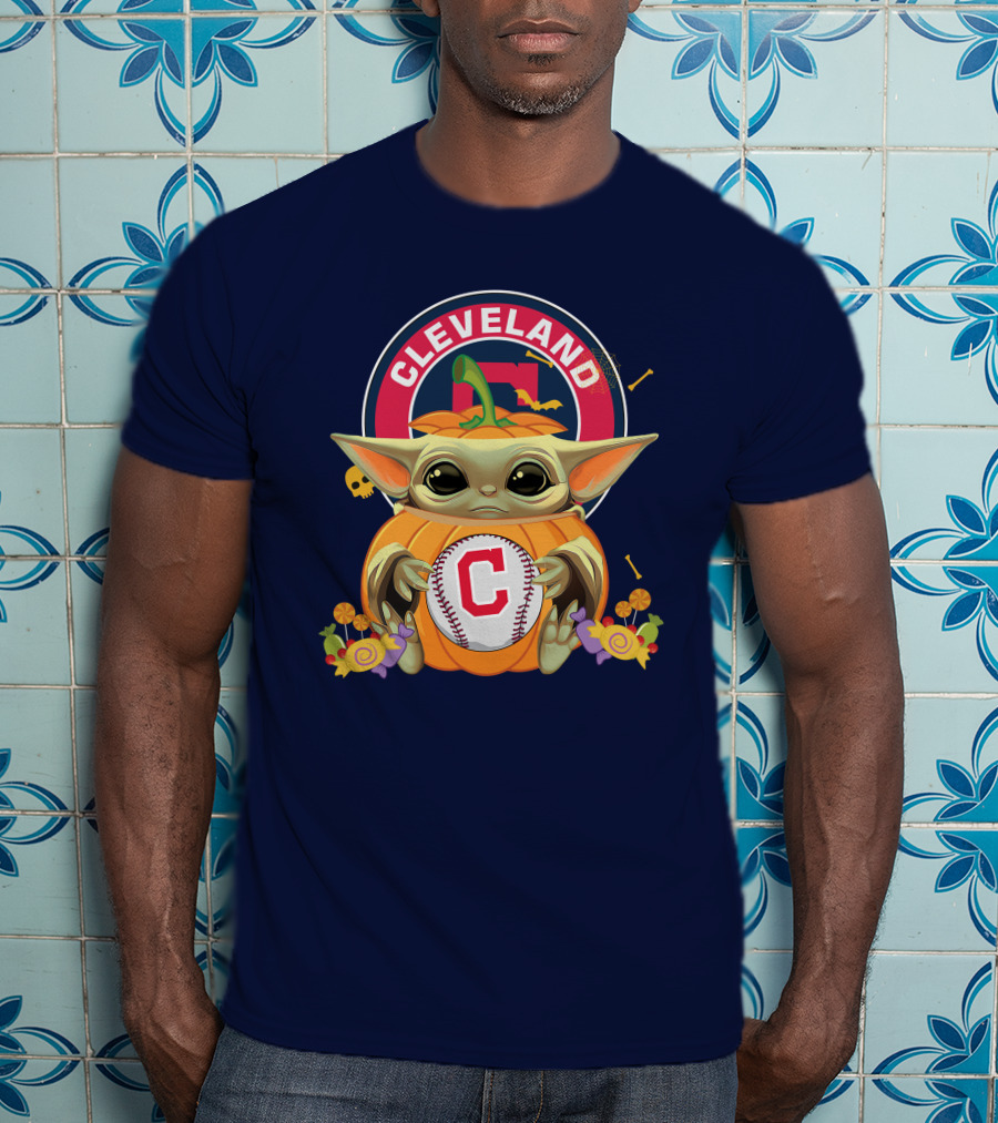 Halloween Pumpkin Baby Yoda Hug Cleveland Baseball Team T-Shirt