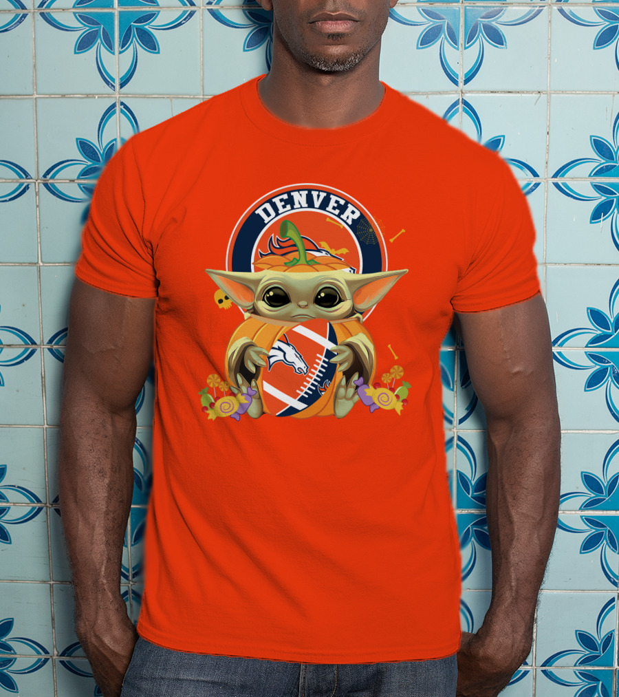 Halloween Pumpkin Baby Yoda Holding Denver Broncos Football Logo With Candy And Skulls T-Shirt