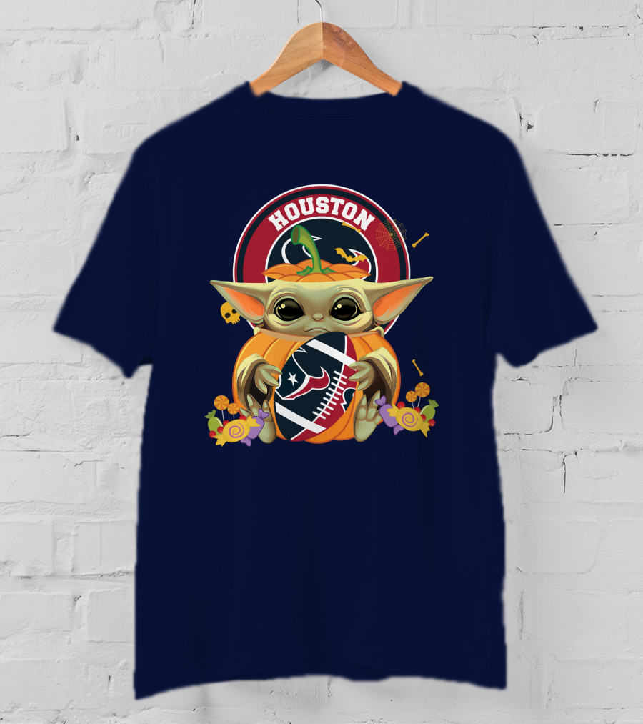Halloween Pumpkin Baby Yoda Holding Houston Texans Logo Sphere T-Shirt