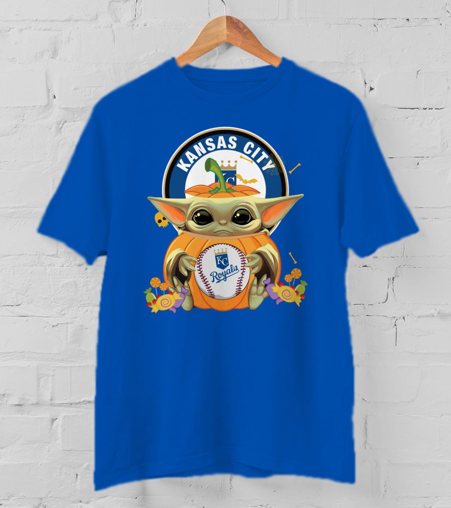 Halloween Pumpkin Baby Yoda Hug KC Royals Baseball T-Shirt