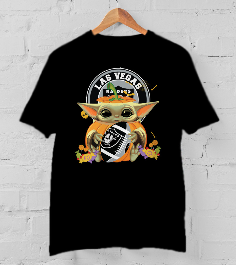 Halloween Pumpkin Baby Yoda Holding Las Vegas Raiders Football T-Shirt