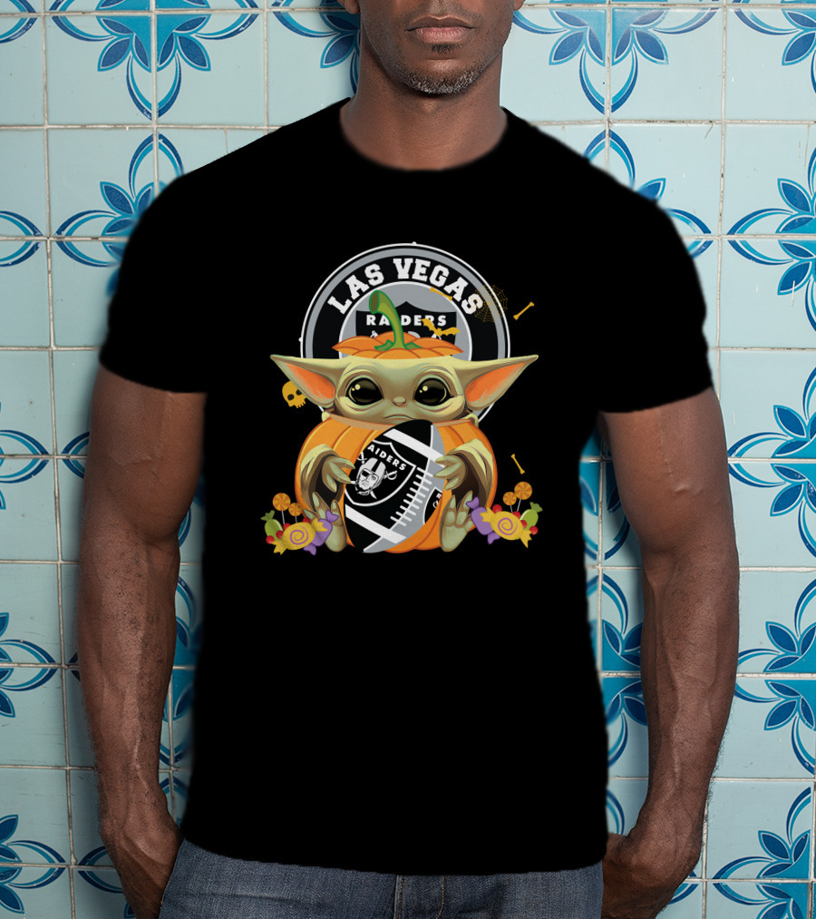 Halloween Pumpkin Baby Yoda Holding Las Vegas Raiders Football T-Shirt