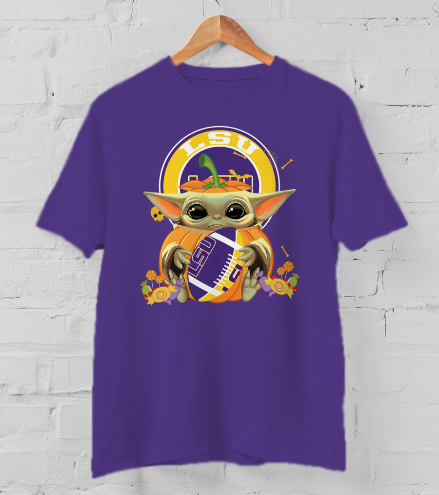 LSU Tigers Halloween Pumpkin Baby Yoda Hug Football T-Shirt