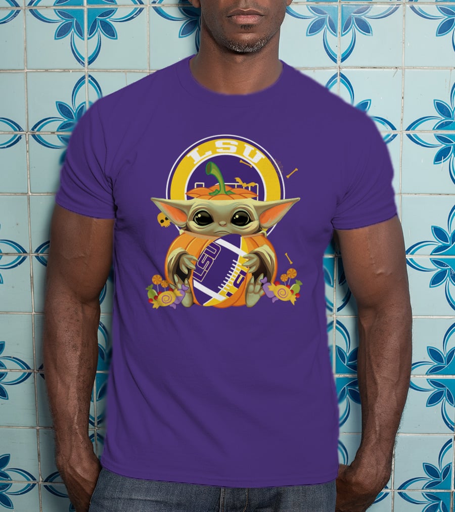 LSU Tigers Halloween Pumpkin Baby Yoda Hug Football T-Shirt
