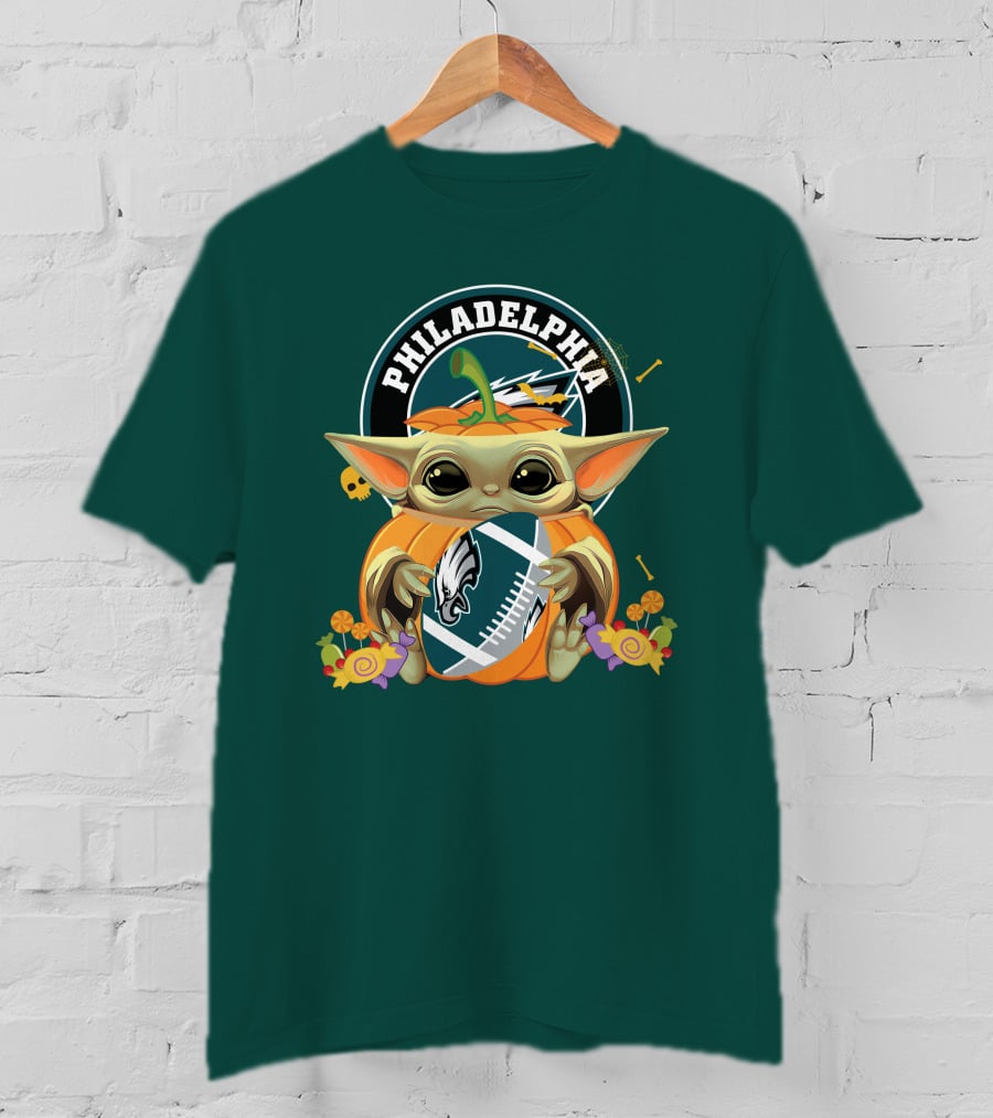 Halloween Pumpkin Baby Yoda Holding Philadelphia Eagles Football T-Shirt