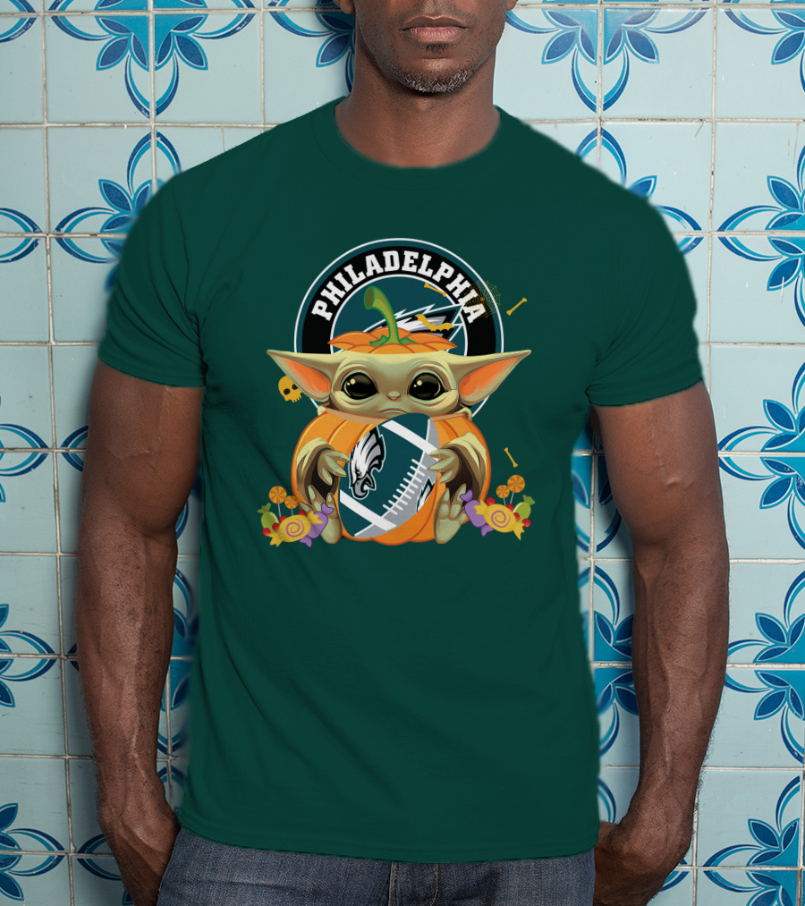 Halloween Pumpkin Baby Yoda Holding Philadelphia Eagles Football T-Shirt