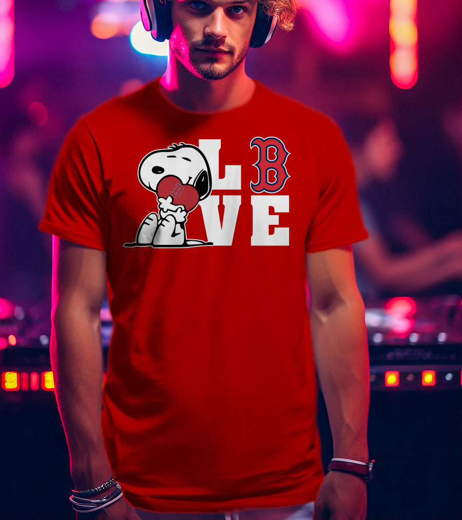 Snoopy Love Boston Red Sox B Logo Peanuts Baseball T-Shirt