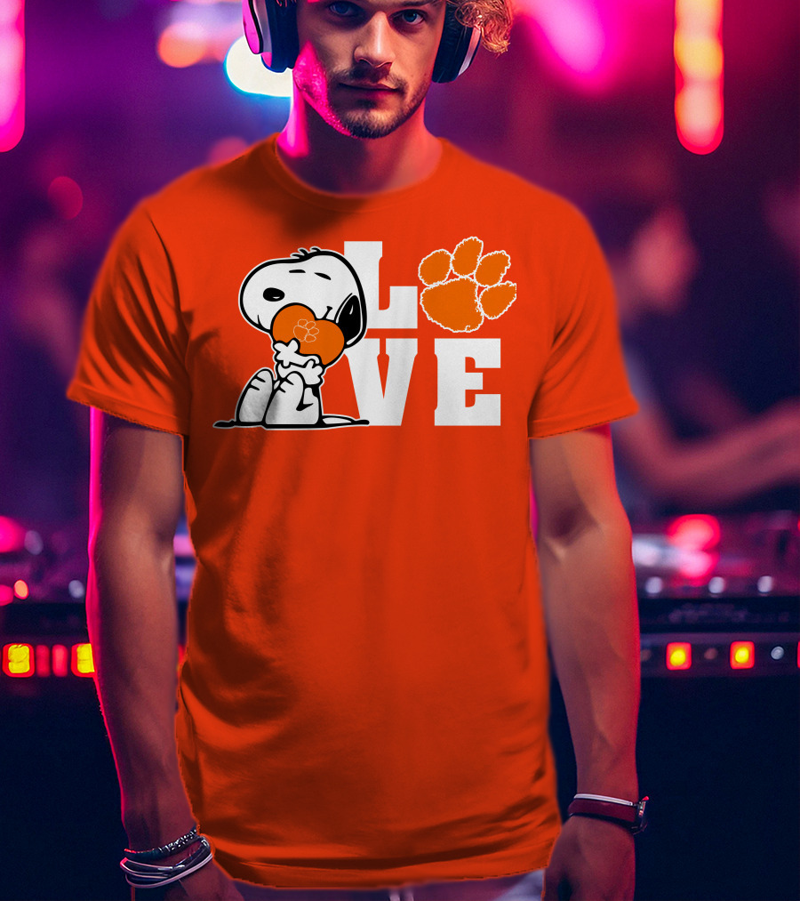 Snoopy Heart Love Clemson Tigers Paw Print T-Shirt