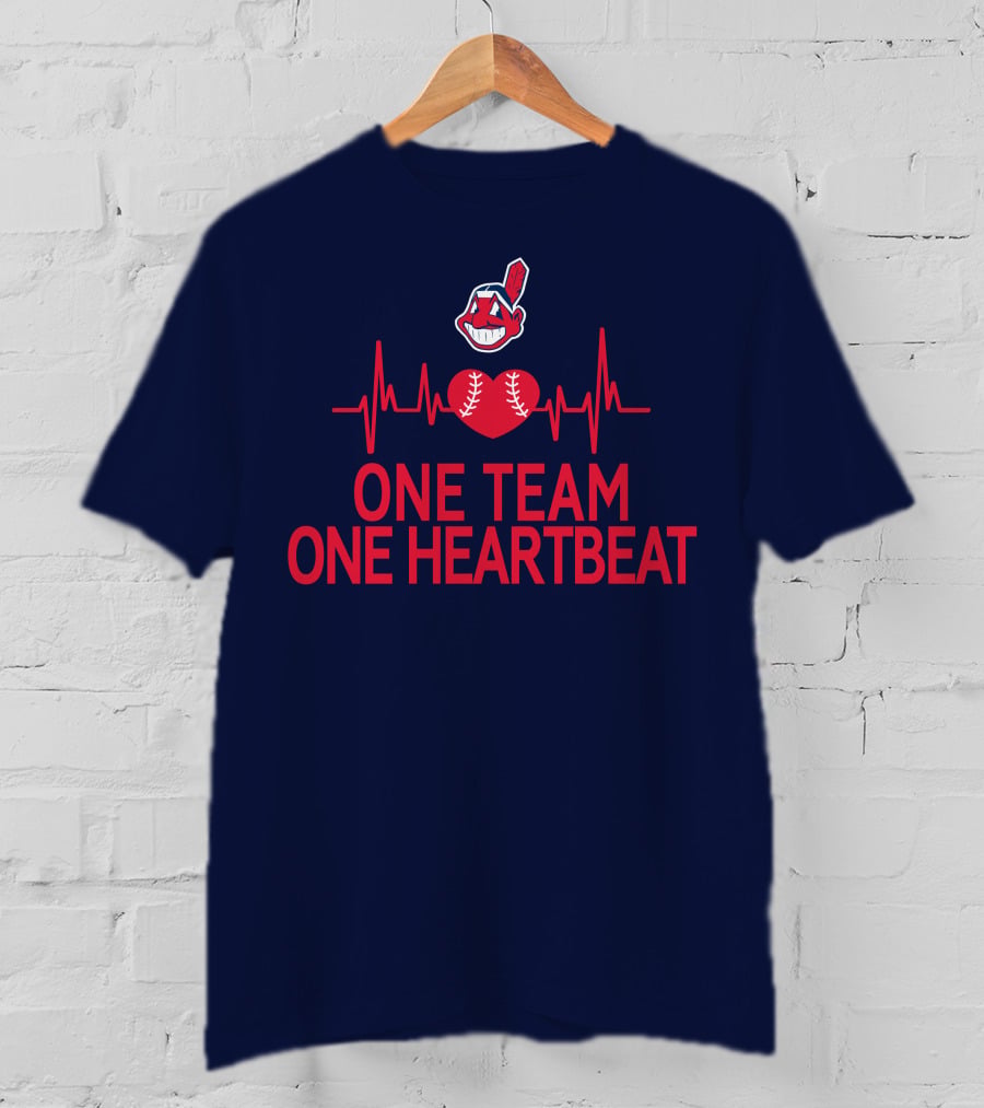 Cleveland Indians One Team One Heartbeat Baseball Heartbeat Line Chief Wahoo T-Shirt