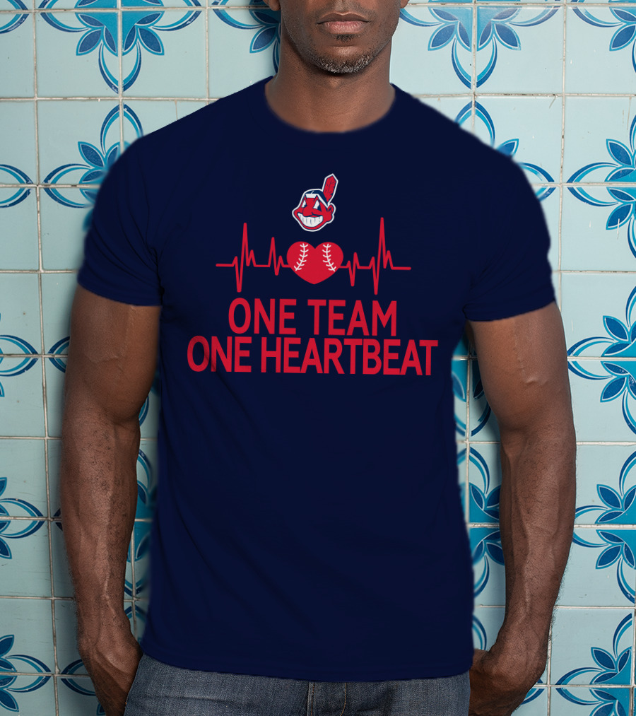 Cleveland Indians One Team One Heartbeat Baseball Heartbeat Line Chief Wahoo T-Shirt