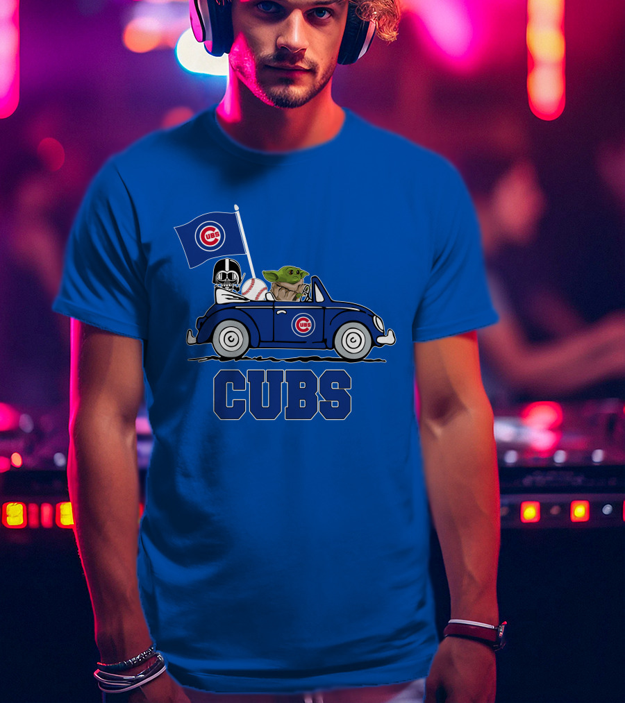 Chicago Cubs Darth Vader Baby Yoda Driving Star Wars Crossover T-Shirt