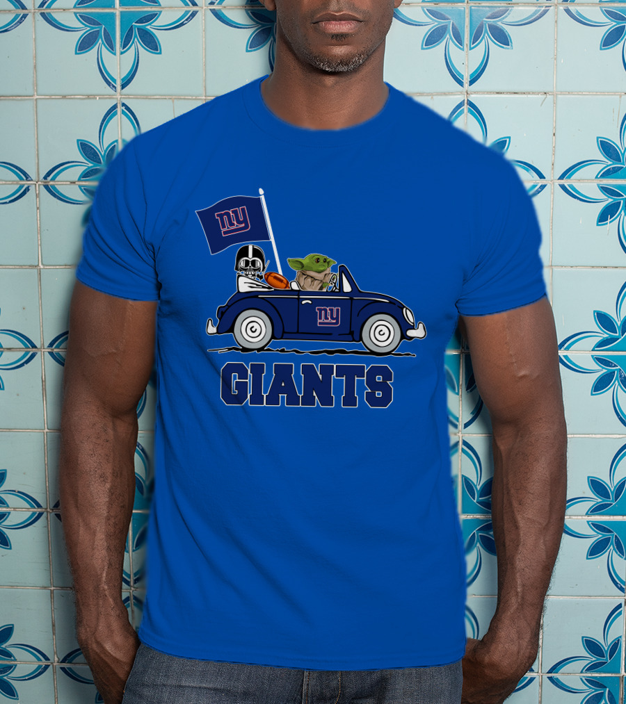 New York Giants Darth Vader Baby Yoda NY Giants Flag Car Star Wars T-Shirt