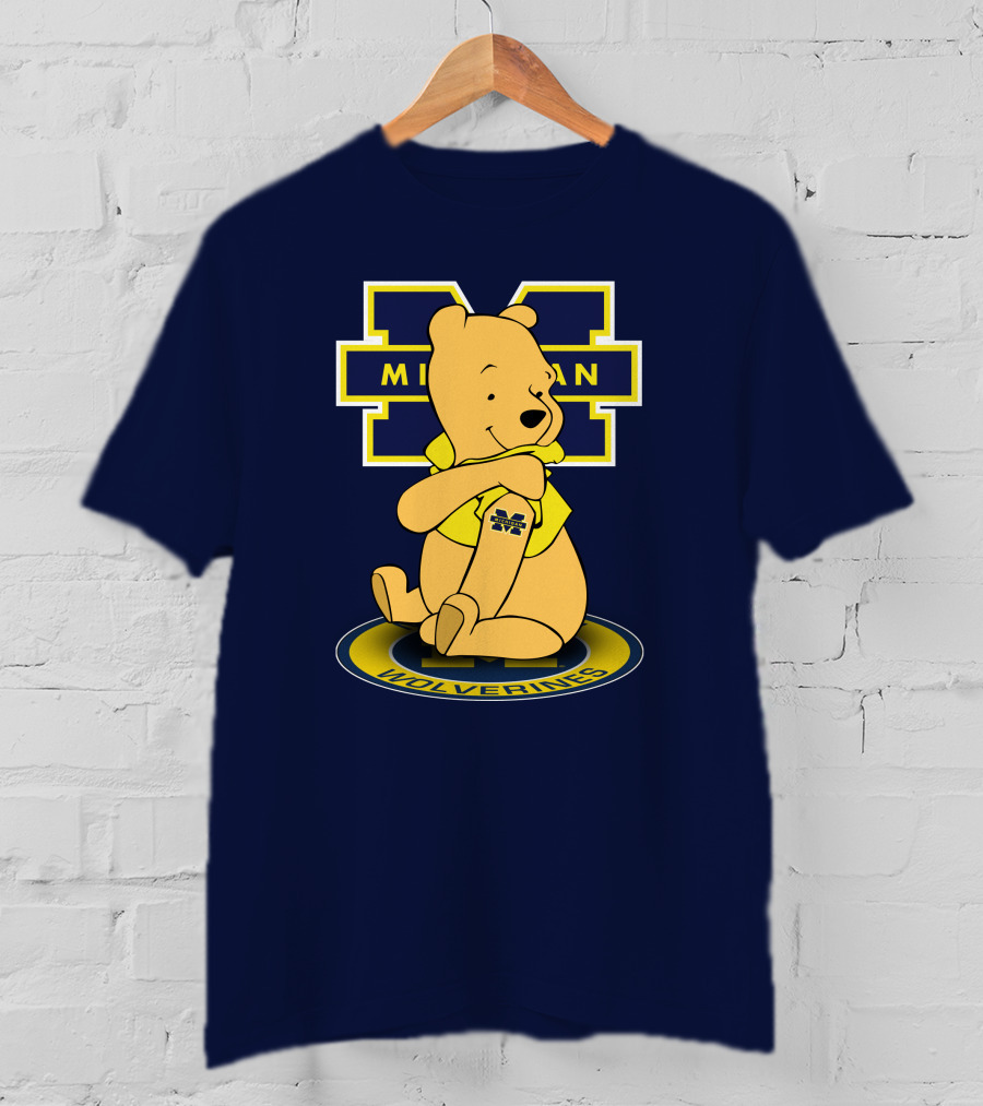 Michigan Wolverines Pooh Bear Sitting On Logo Badge T-Shirt