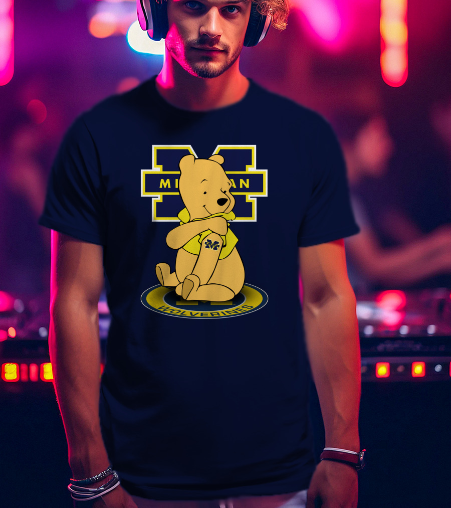 Michigan Wolverines Pooh Bear Sitting On Logo Badge T-Shirt