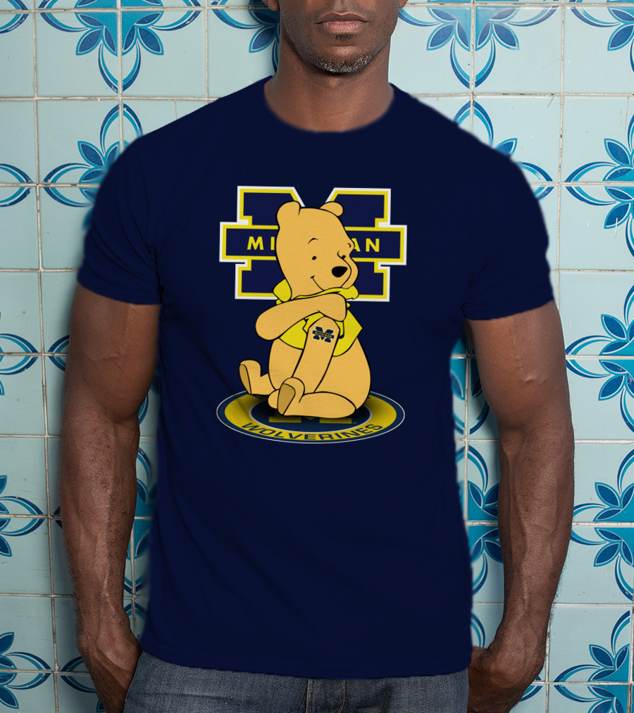 Michigan Wolverines Pooh Bear Sitting On Logo Badge T-Shirt