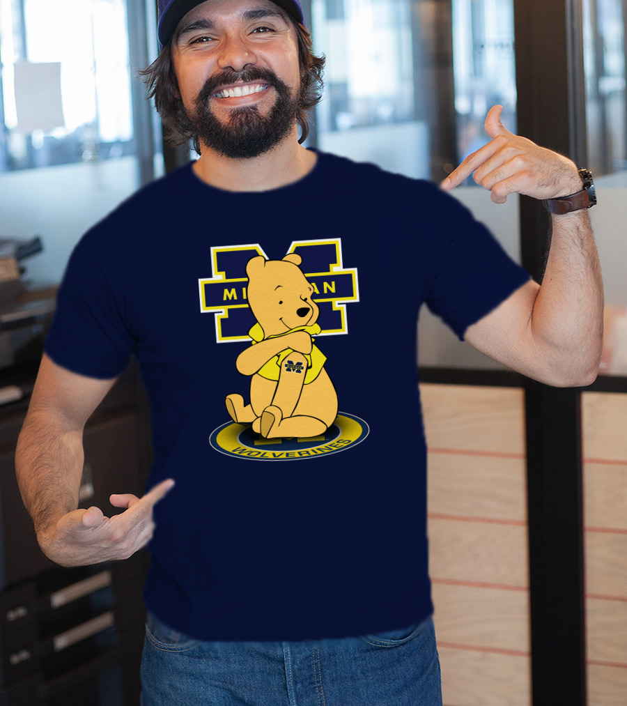 Michigan Wolverines Pooh Bear Sitting On Logo Badge T-Shirt