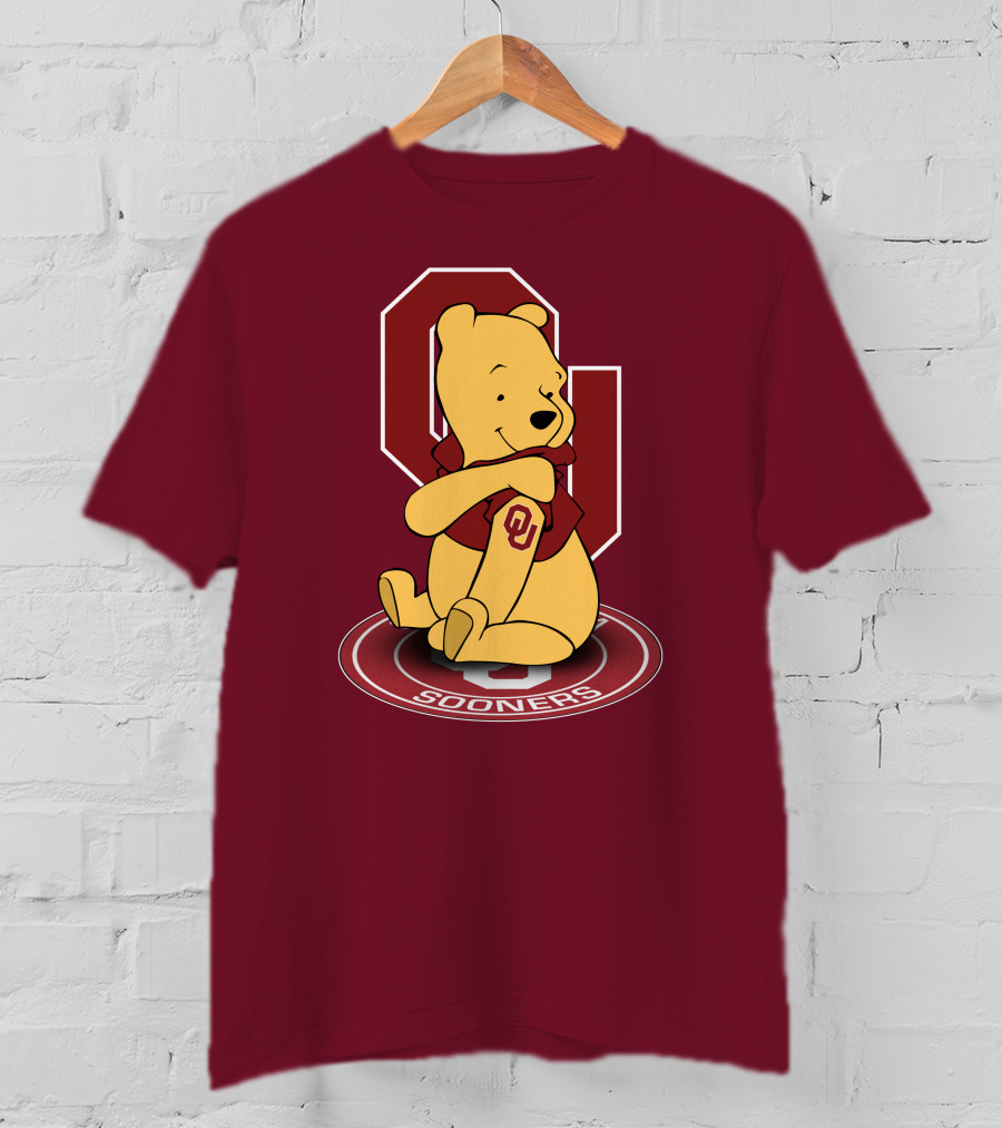 Winnie The Pooh With Oklahoma Sooners Logo And Letterman Jacket T-Shirt