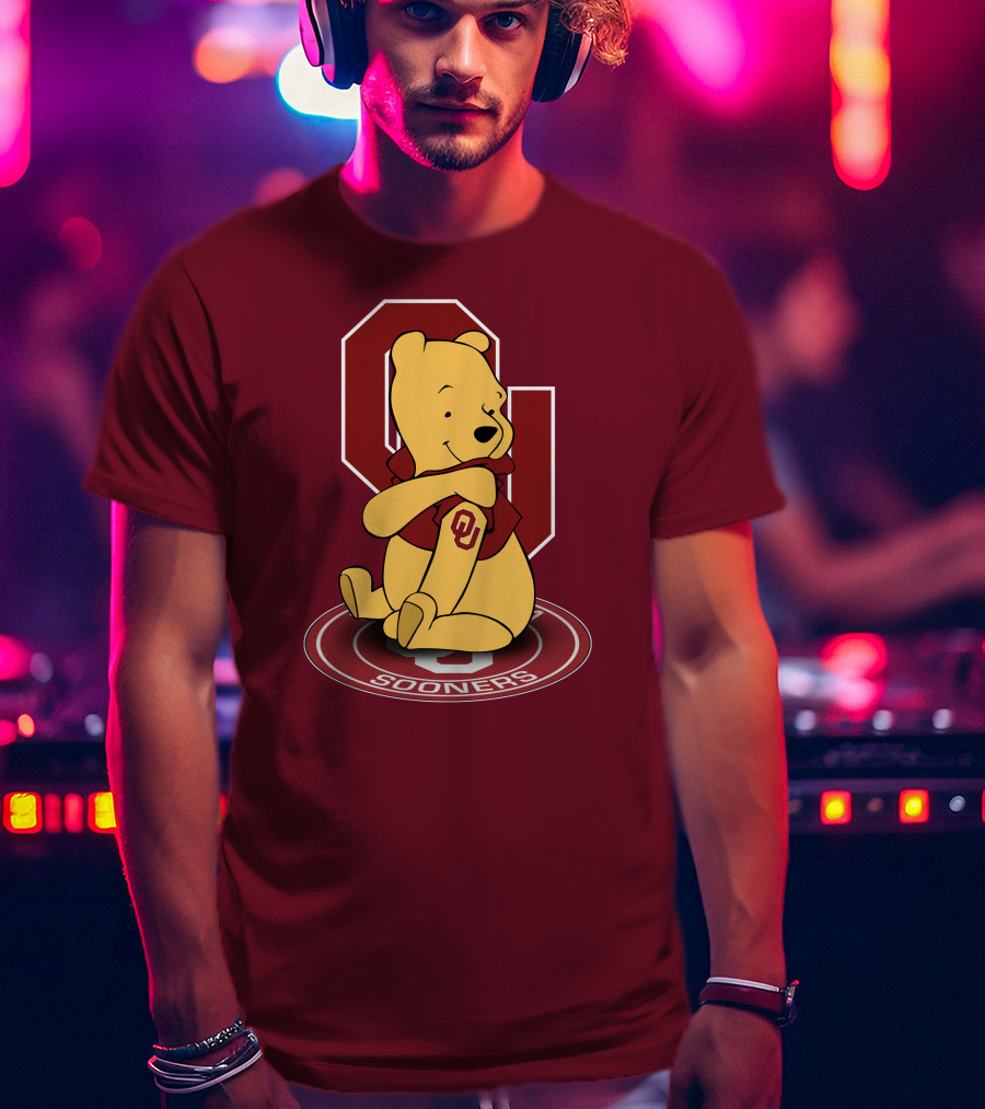 Winnie The Pooh With Oklahoma Sooners Logo And Letterman Jacket T-Shirt