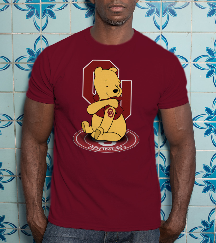 Winnie The Pooh With Oklahoma Sooners Logo And Letterman Jacket T-Shirt