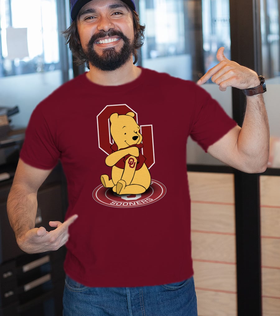 Winnie The Pooh With Oklahoma Sooners Logo And Letterman Jacket T-Shirt