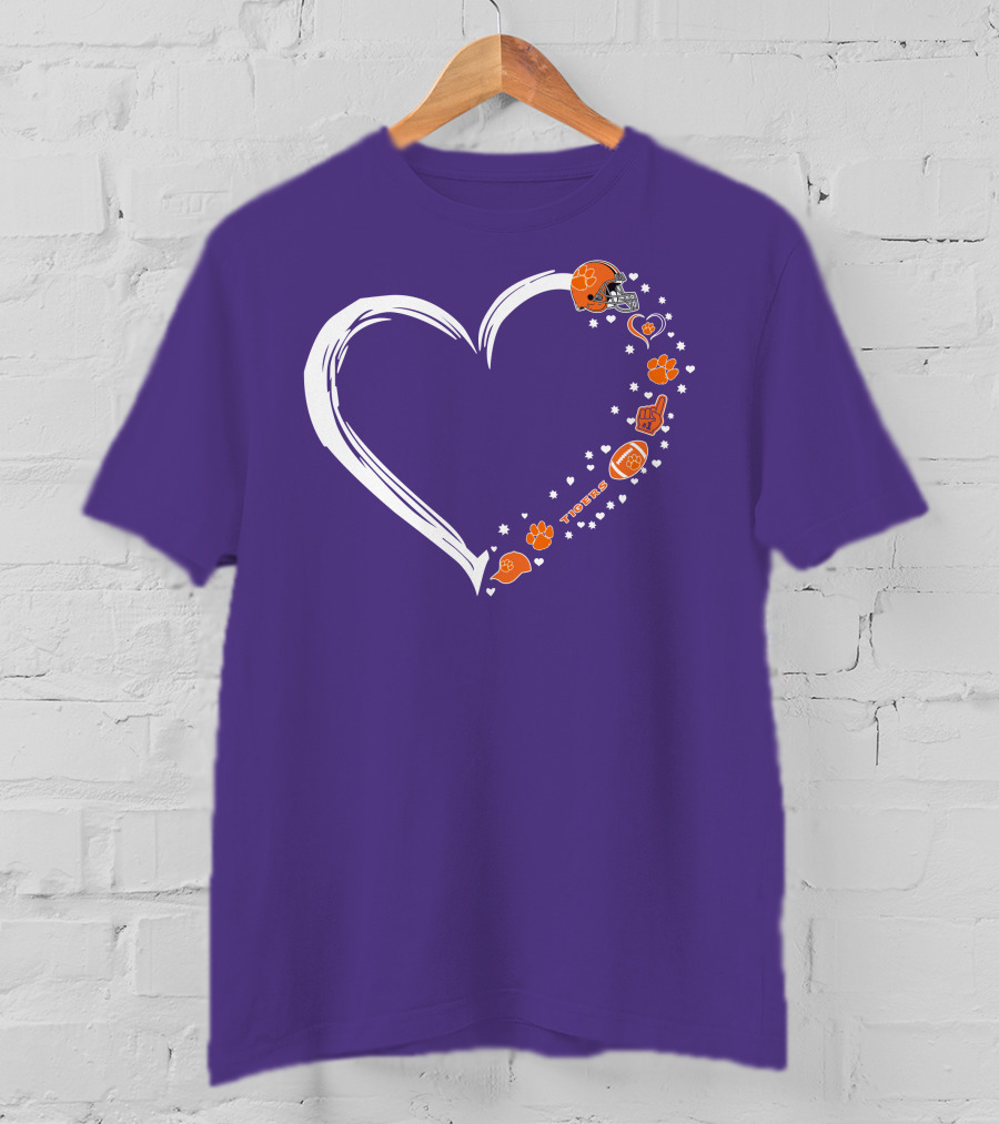 Clemson Tigers Heart Helmet Paws Football Fan Love T-Shirt