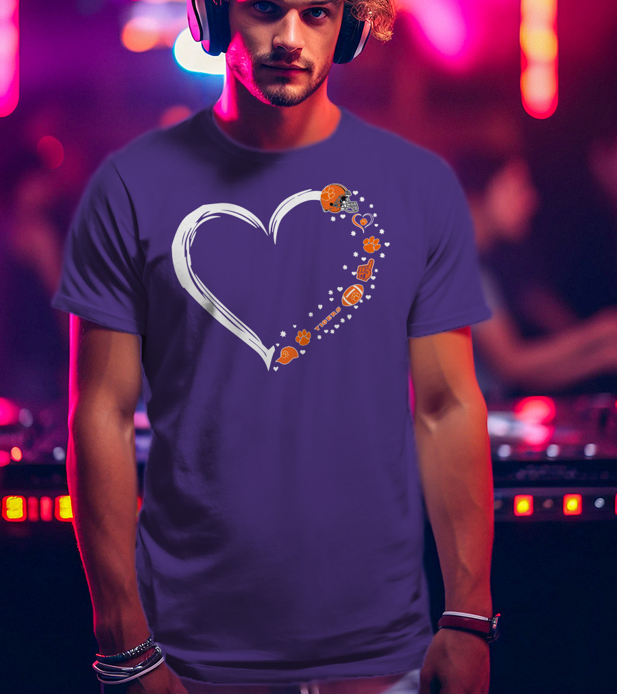 Clemson Tigers Heart Helmet Paws Football Fan Love T-Shirt