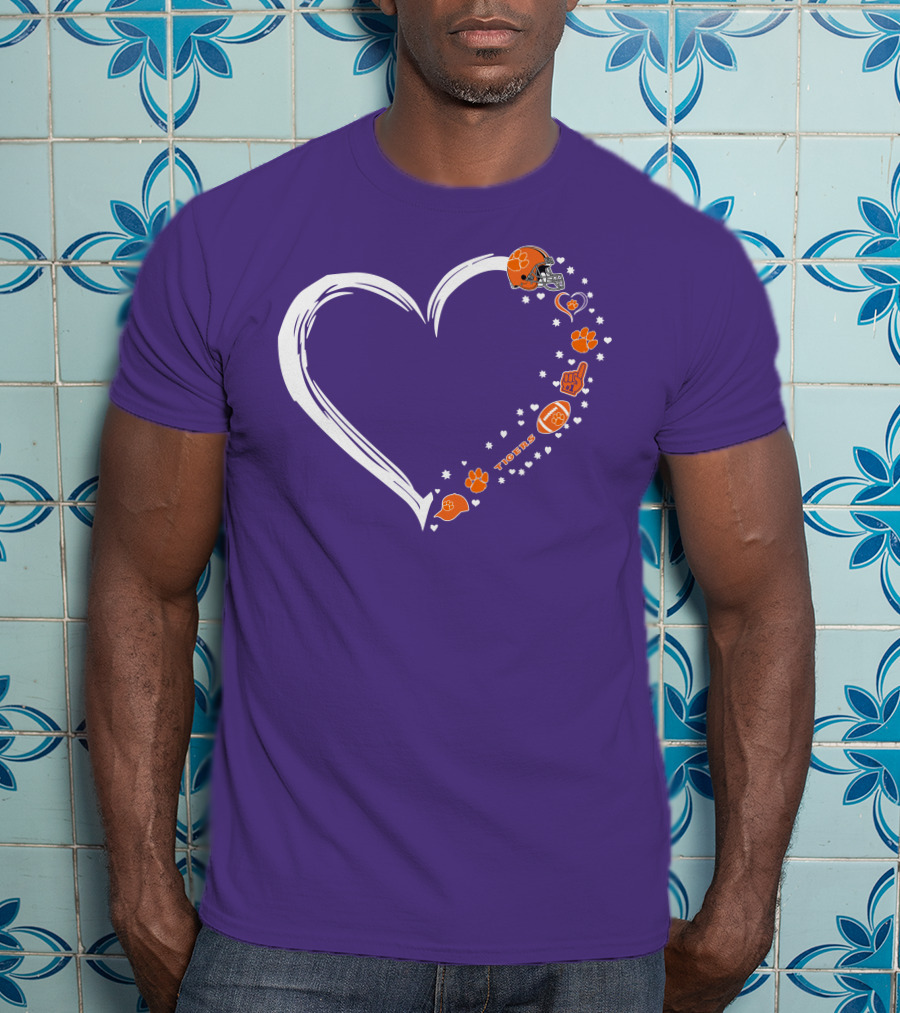 Clemson Tigers Heart Helmet Paws Football Fan Love T-Shirt