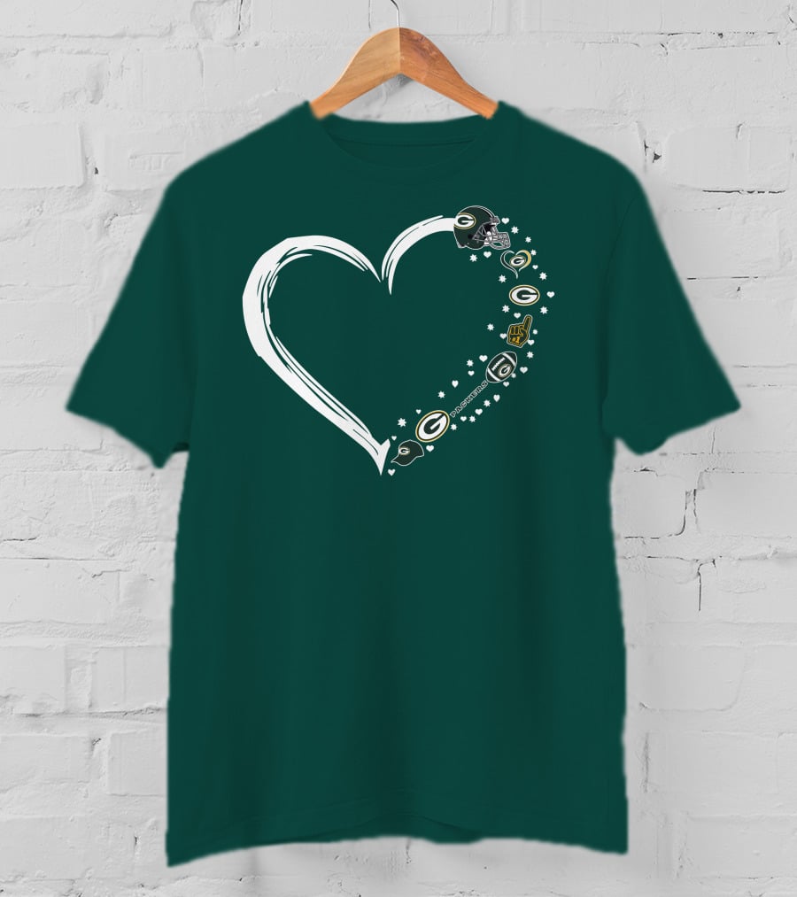 Green Bay Packers Heart With Logos And Helmet T-Shirt