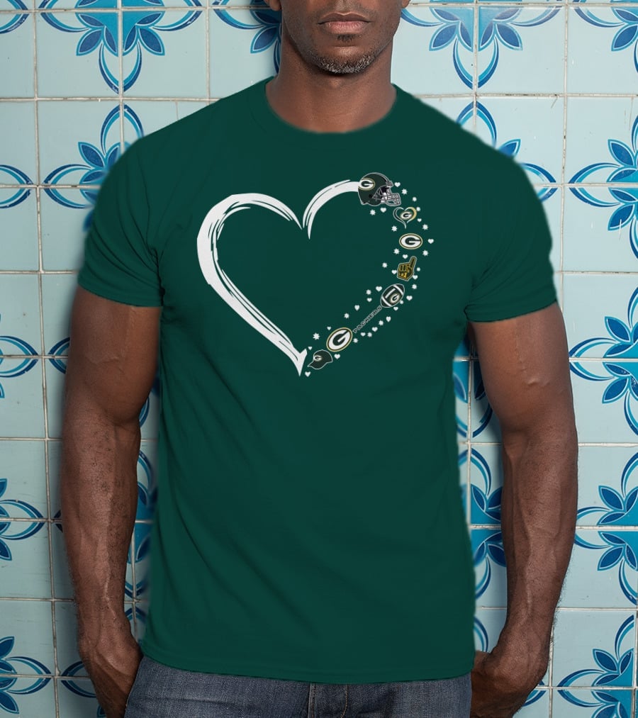 Green Bay Packers Heart With Logos And Helmet T-Shirt