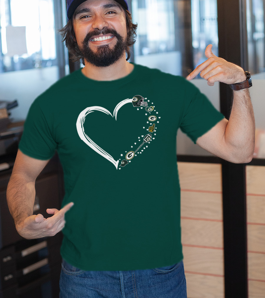 Green Bay Packers Heart With Logos And Helmet T-Shirt
