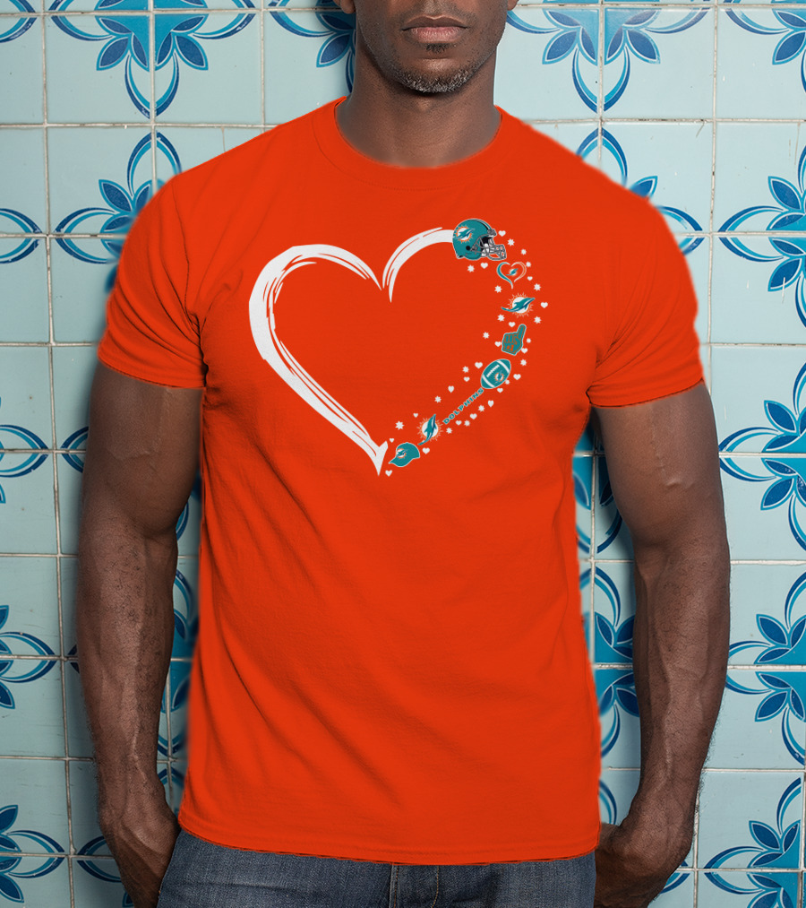 Miami Dolphins Heart Design With Helmets T-Shirt