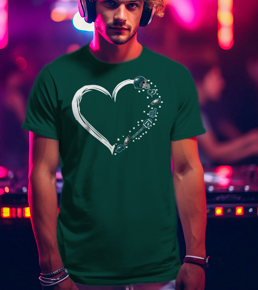 Philadelphia Eagles Heart Design With Logo And Helmet Elements T-Shirt
