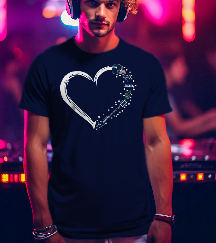 Seattle Seahawks Love Heart With Helmet And Football Symbols T-Shirt