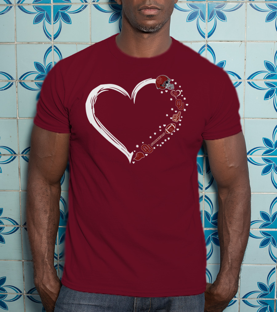 Oklahoma Sooners Heart Design With Helmets And Footballs T-Shirt