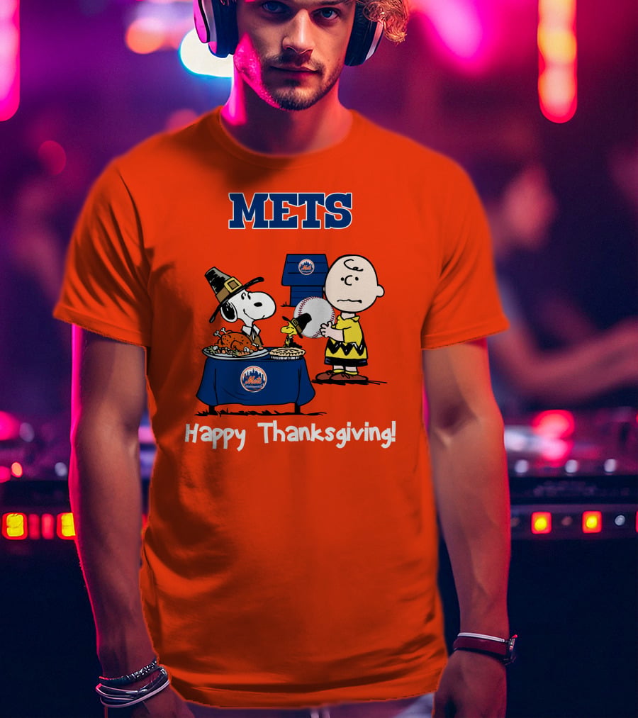 Mets Snoopy Charlie Brown Happy Thanksgiving Baseball Feast T-Shirt