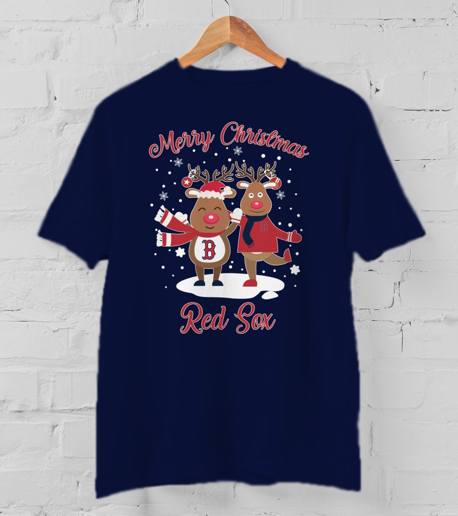 Merry Christmas Red Sox Reindeer With Snowflakes And Baseball Gear T-Shirt