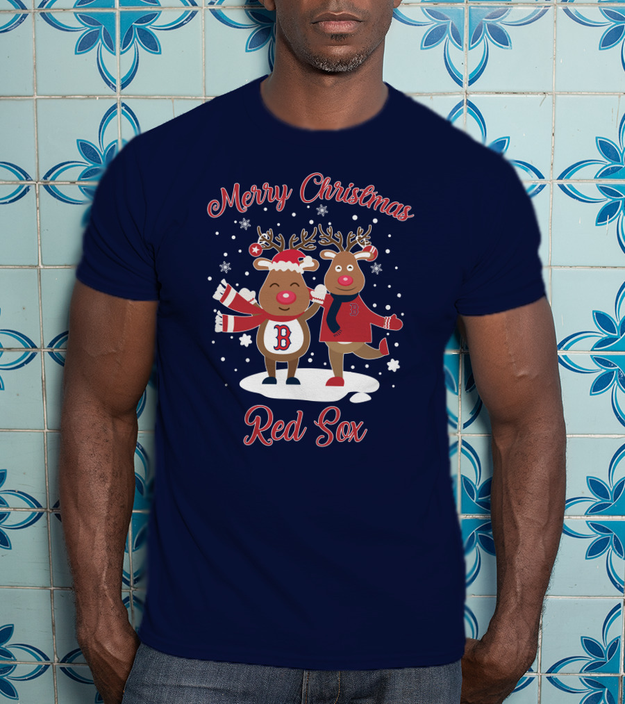 Merry Christmas Red Sox Reindeer With Snowflakes And Baseball Gear T-Shirt