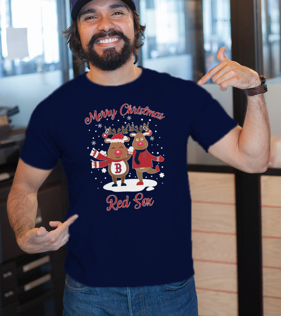 Merry Christmas Red Sox Reindeer With Snowflakes And Baseball Gear T-Shirt