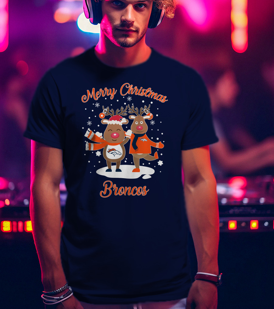 Merry Christmas Broncos Reindeer Snowflakes T-Shirt