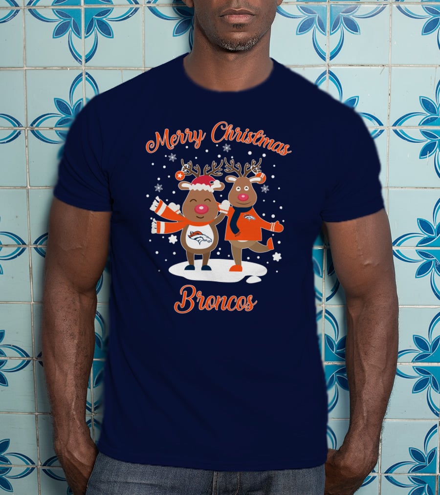 Merry Christmas Broncos Reindeer Snowflakes T-Shirt