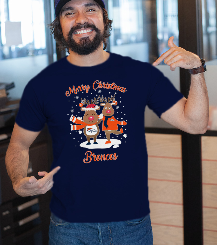 Merry Christmas Broncos Reindeer Snowflakes T-Shirt