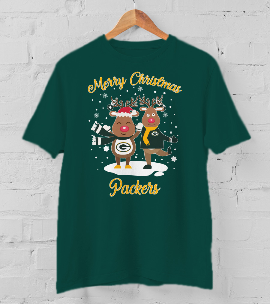 Merry Christmas Packers Reindeer With Green Bay Logo Winter Scene T-Shirt