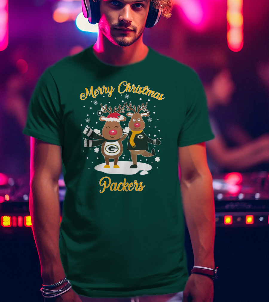 Merry Christmas Packers Reindeer With Green Bay Logo Winter Scene T-Shirt