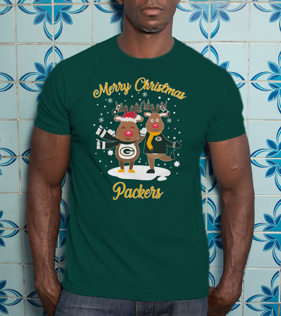 Merry Christmas Packers Reindeer With Green Bay Logo Winter Scene T-Shirt