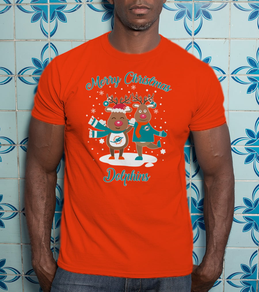 Merry Christmas Dolphins Reindeer Snowflakes T-Shirt