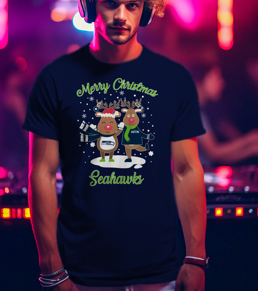 Merry Christmas Seattle Seahawks Reindeer Sweater Festive T-Shirt
