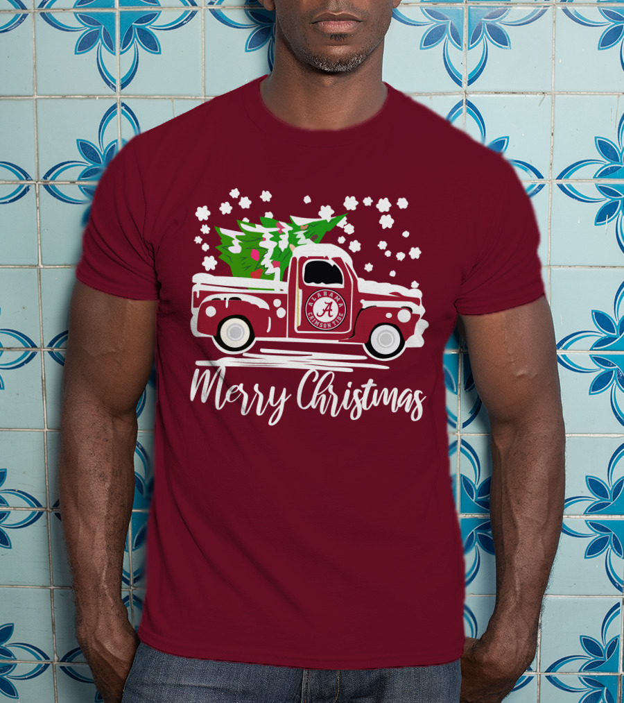 Merry Christmas Alabama Crimson Tide Vintage Truck Snowy Tree T-Shirt