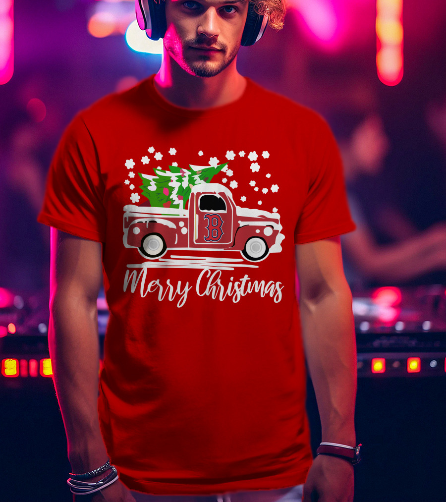 Boston Red Sox B Vintage Car Merry Christmas Tree Snowflakes T-Shirt
