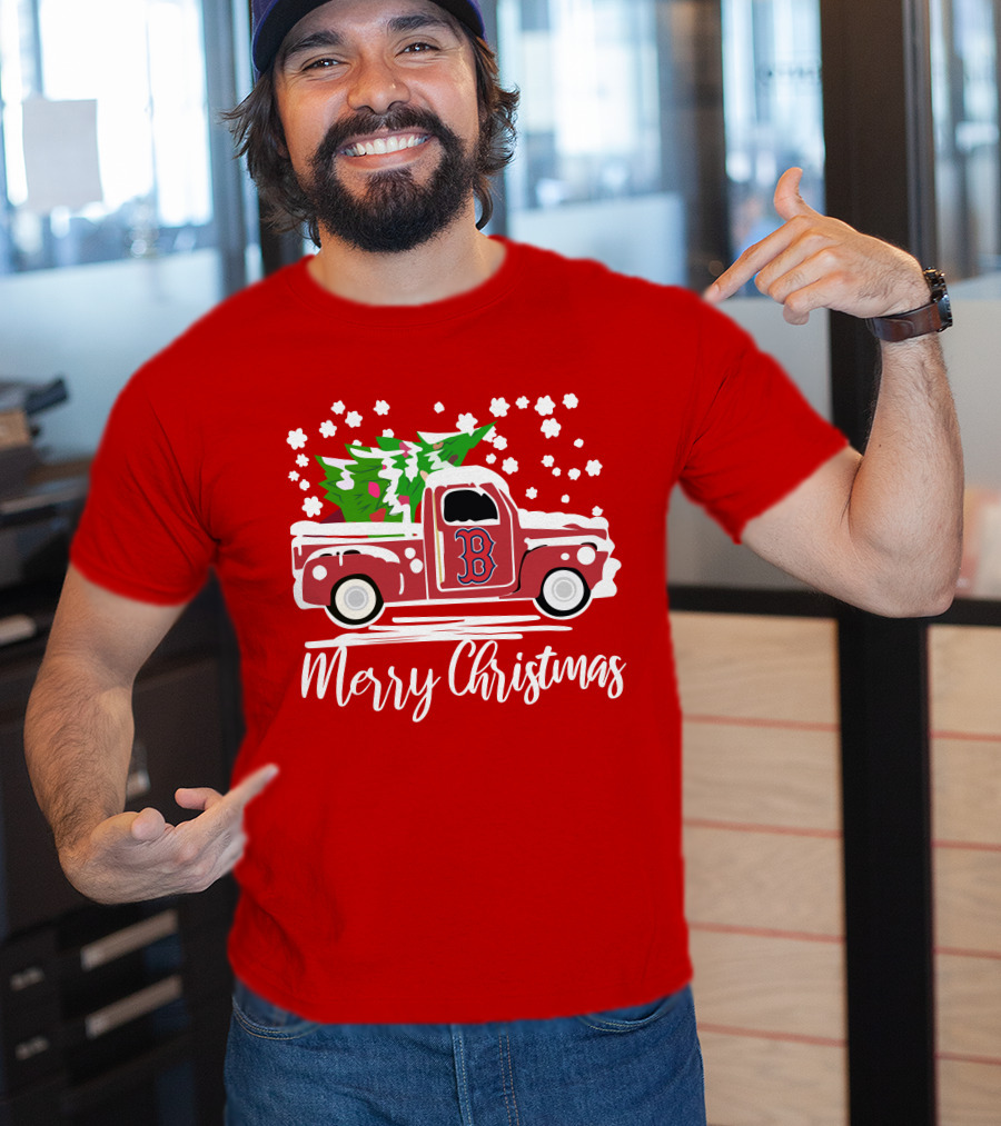 Boston Red Sox B Vintage Car Merry Christmas Tree Snowflakes T-Shirt