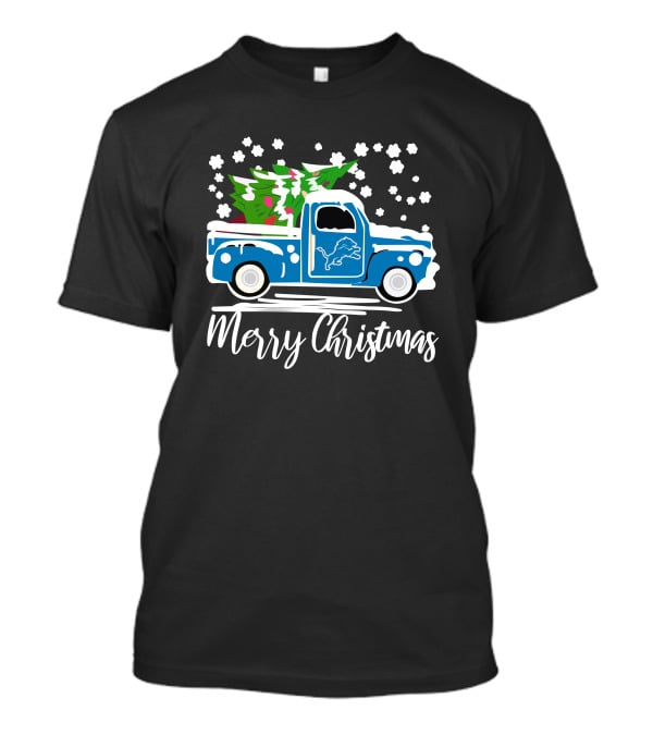 Detroit Lions Vintage Car Merry Christmas Snowy Tree Scene T-Shirt